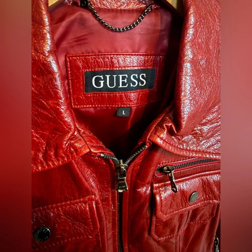 Women's Vintage Guess Los Angeles Maroon Red Leather Jacket Multi Pockets Large - Picture 3 of 15